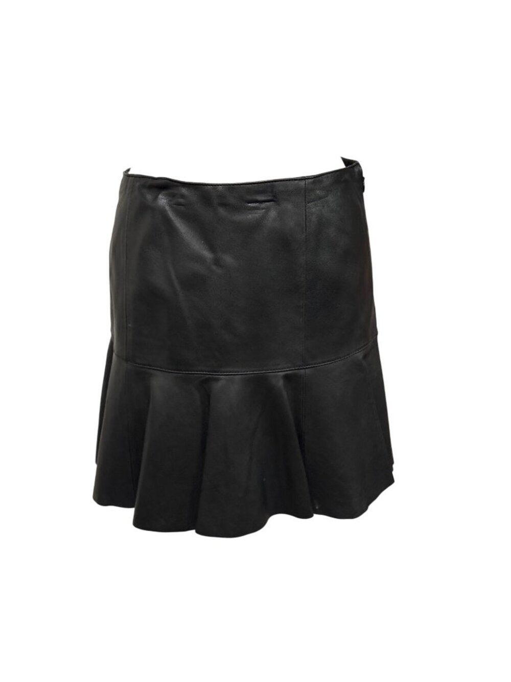 Polo Ralph Lauren Black Genuine Leather Flared Mini Skirt Sz 4 Godet Flounce Hem